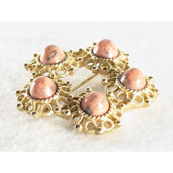 Open Gold Tone and Marbled Pink Tone Brooch - Picture 9 of 9